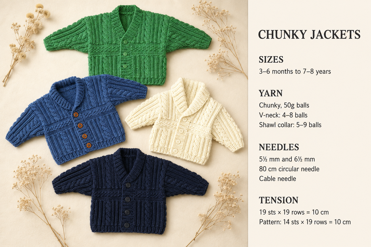 Children's Chunky Jackets- Shawl Collar or V neck Cardigans Chunky Bulky Wool chest 18"  ~ 28"   Knitting Pattern download PDF