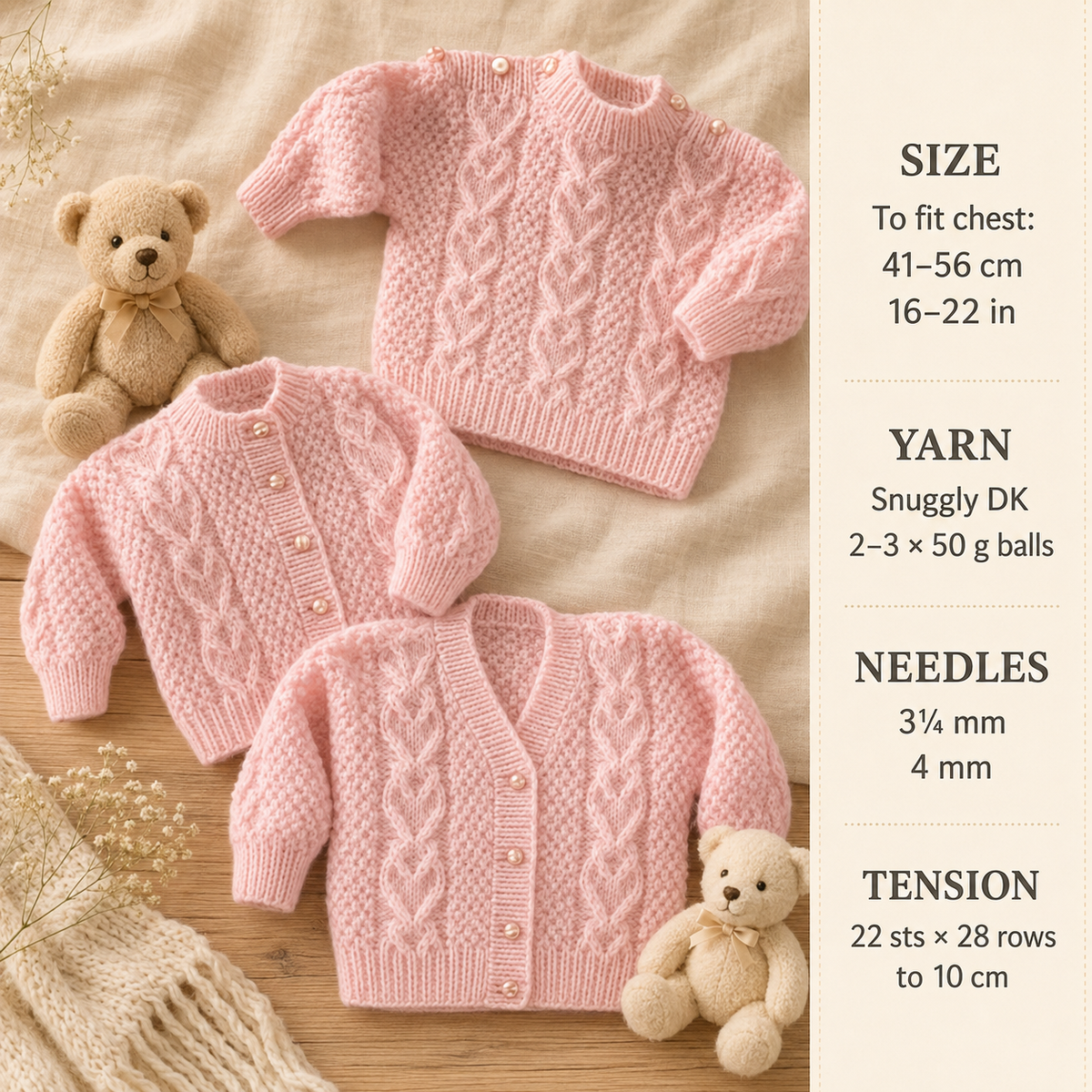 Baby Cable Heart cardigans & Jumper 3 styles in DK-Easy Knit- fits16 - 22" chest  Knitting pattern