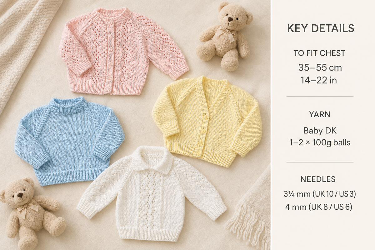 Baby Cardigans & Jumpers Selection v neck- round neck -  Collar DK ( 8 ply ) Light worsted wool 14 - 22"