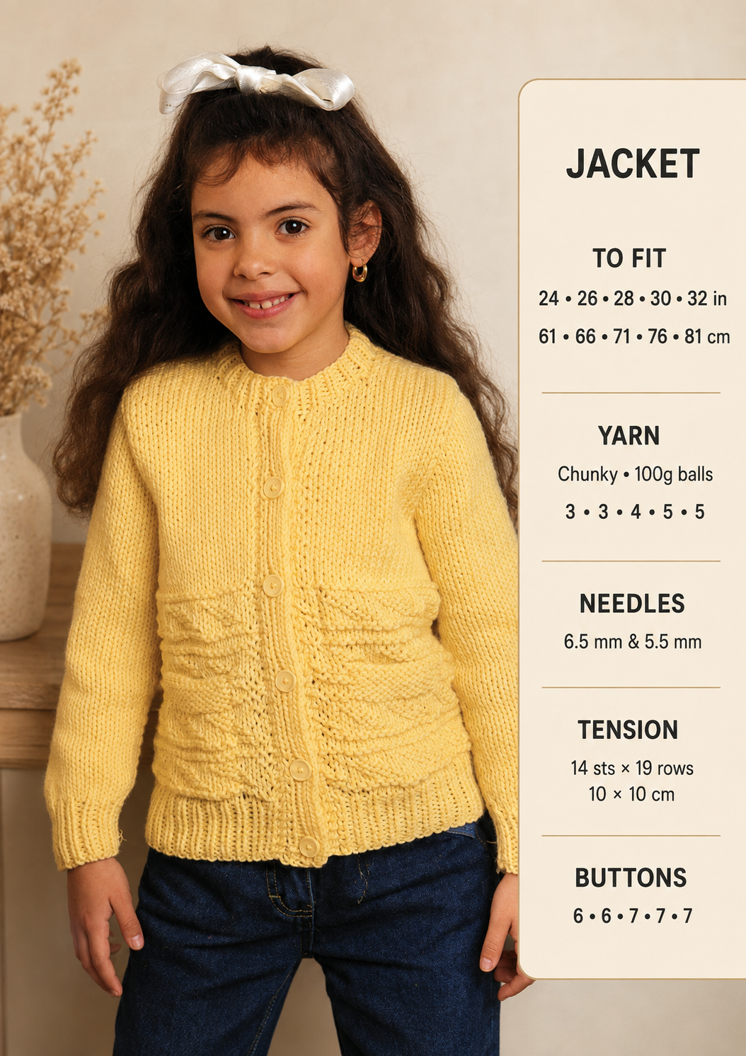Girl's Easy Knit Chunky Textured Cardigan-Jacket - Round Neck Knitting Pattern Chunky Bulky 12 ply yarn-fits chest 24-32"   PDF download