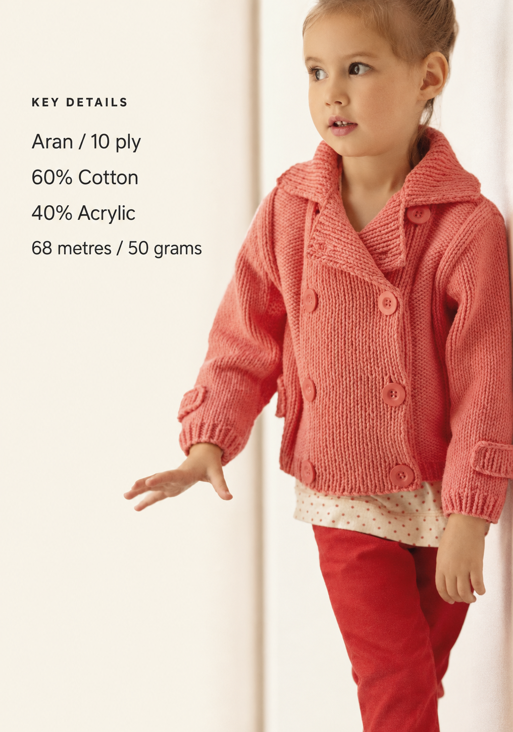 Plain Knit Girls-Double breast Jacket with Collar Aran 10 ply wool-  Fits- 2 - 10 years