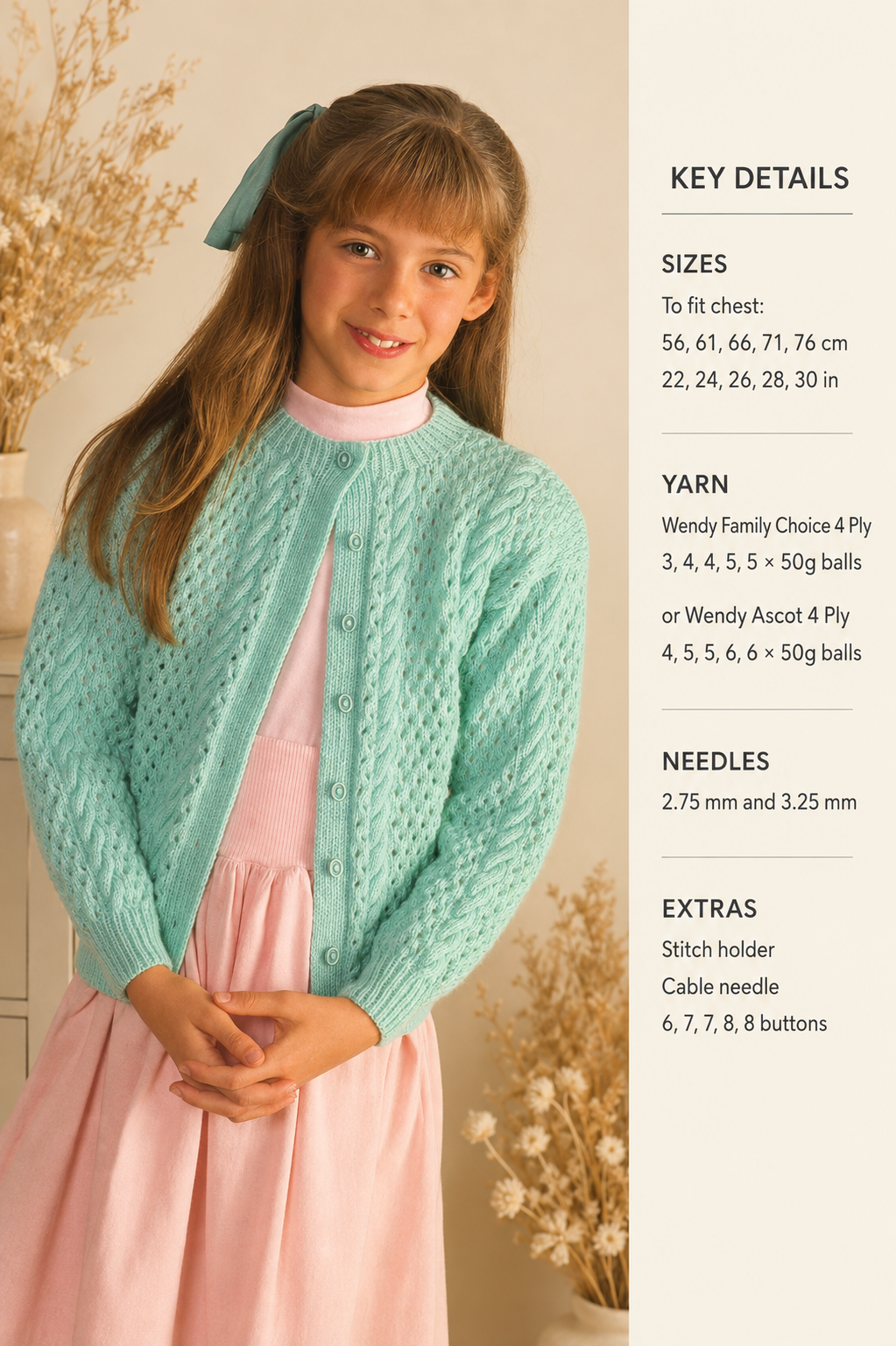 Girls Eyelet Cable  cardigan jacket round neck 22-30" 4ply fingering