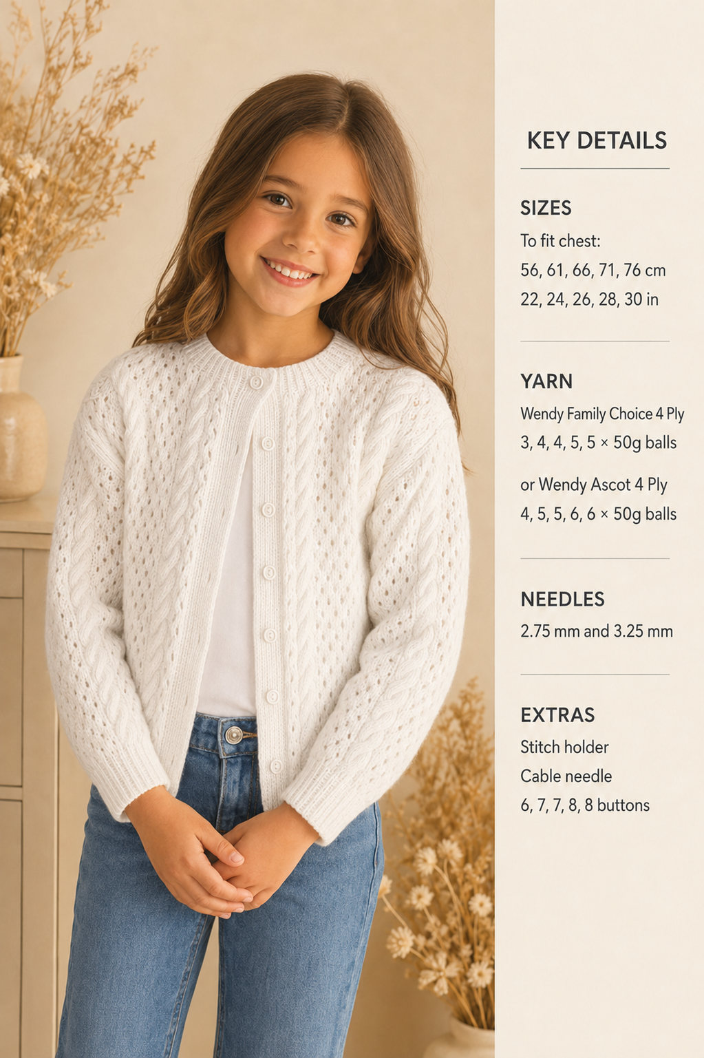 Girls Eyelet Cable  cardigan jacket round neck 22-30" 4ply fingering
