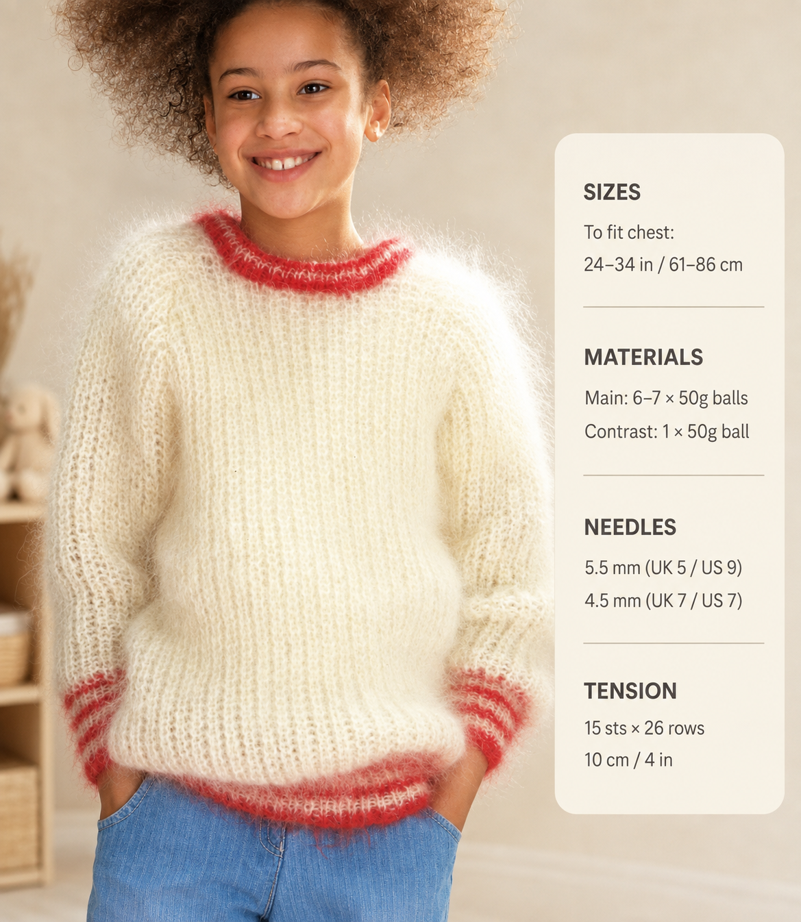 Girls Luxury Mohair Ribbed round neck raglan jumper- easy knit in Mohair yarn- chest  24 - 34 " Knitting Pattern
