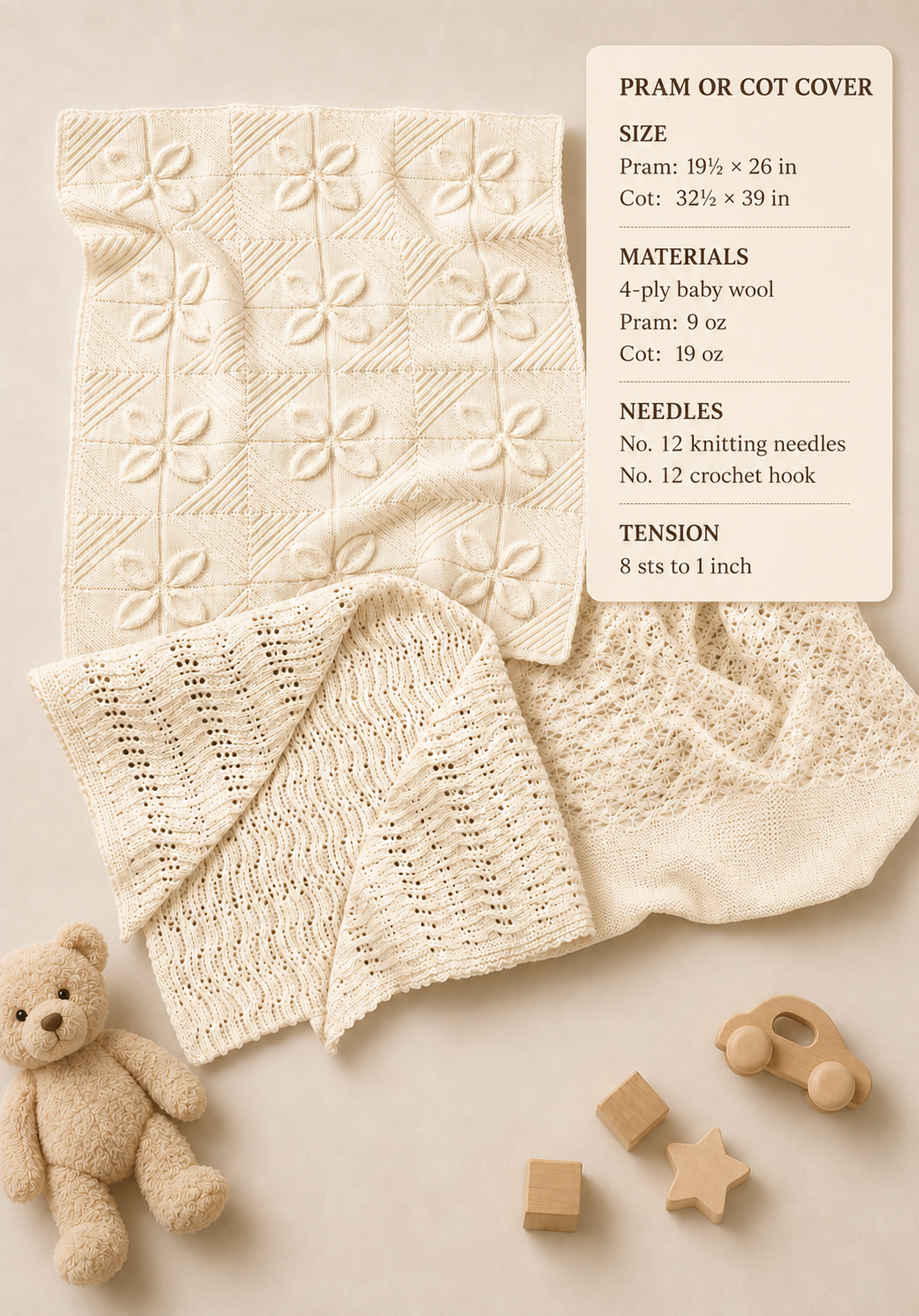 Vintage Pram &amp; Cot covers Knitting pattern *4 ply Fingering yarn needed* Knitting pattern