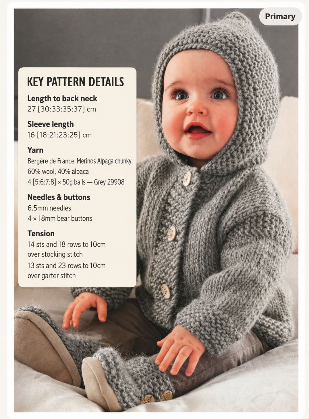 Easy Baby Jacket with Hood 3 - 24 mths - Chunky Wool DOWNLOAD pdf KNITTING Pattern