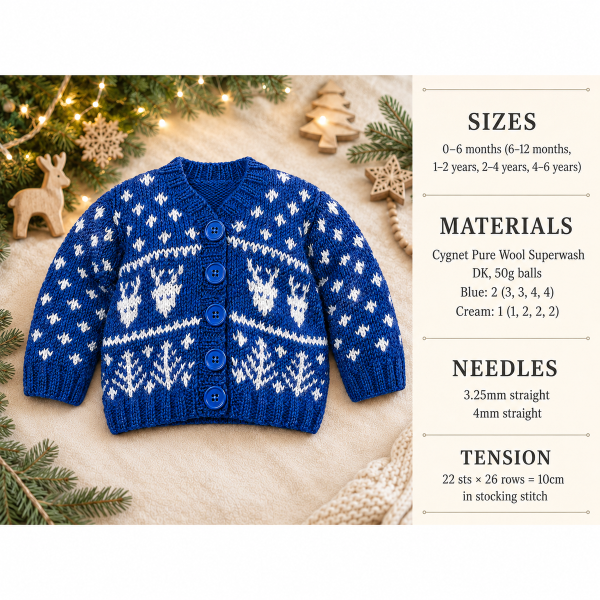 Christmas Baby- Reindeer Snowflake Cardigan- V neck drop sleeves  DK 8 PLY Light worsted knitting pattern   Fits Birth- 6 Years