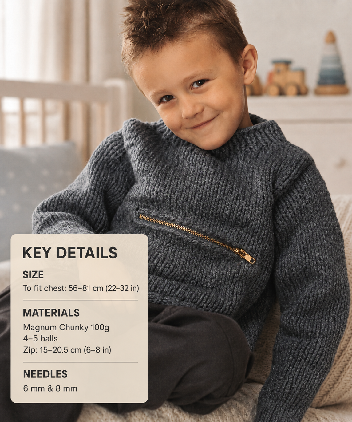 Children's Easy Chunky Sweater- zipped pocket & Sleeveless Top-  Chunky Bulky 12 ply  22" -32"
