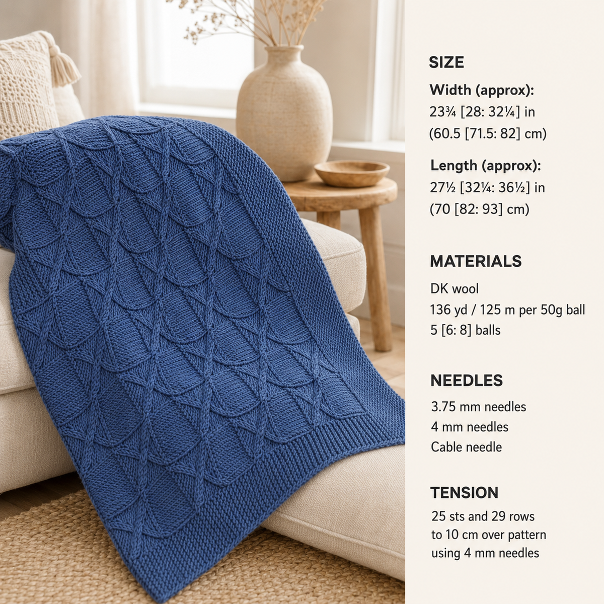 Blanket Pattern-  Easy Cable blanket- Afghan- Cross cable pattern- DK-8Ply wool