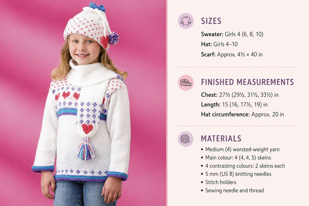 Girl's Heart Sweater-Tassel Scarf & Pom pom Hat - chest 27.5" - 33.5" ( 4-10 yrs) Aran 10ply Worsted wool- Knitting pattern Download PDF