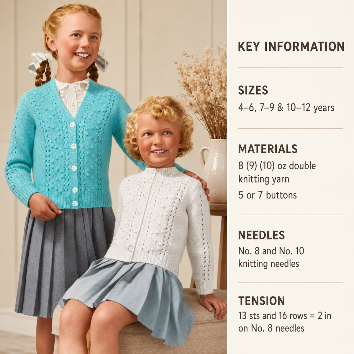 Girls V neck High neck Vintage Cardigan, raglan sleeves bobble pattern eyelet DK 8Ply