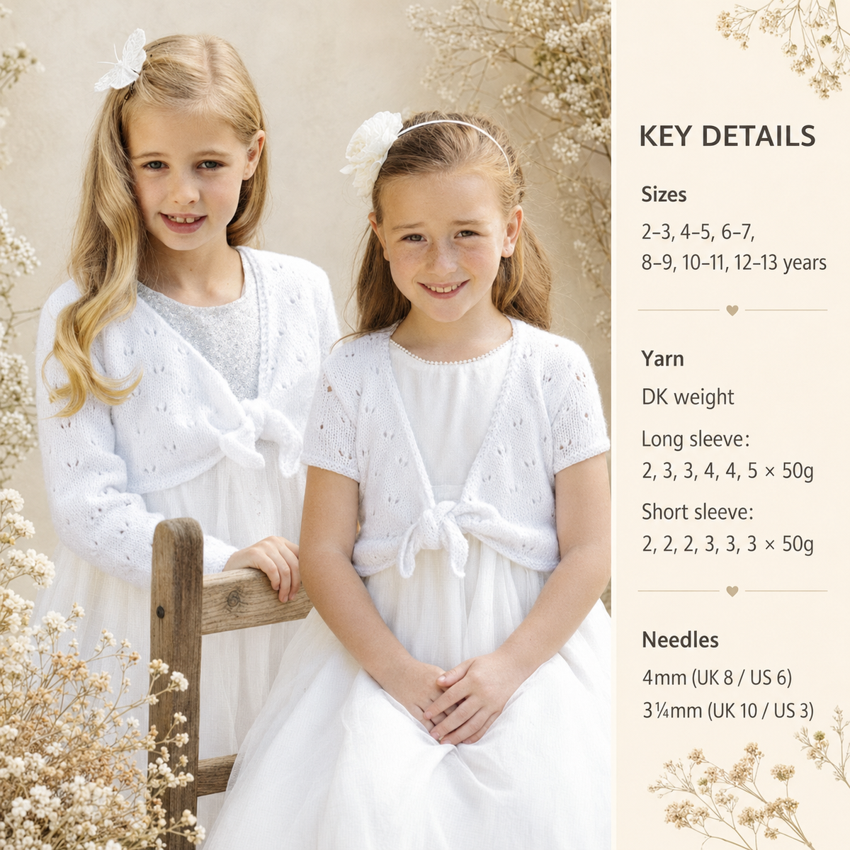 Girl's Long & Short sleeved Lace cropped Tie front Cardigan DK- 8ply wool- 22" - 32" (2 -13y)