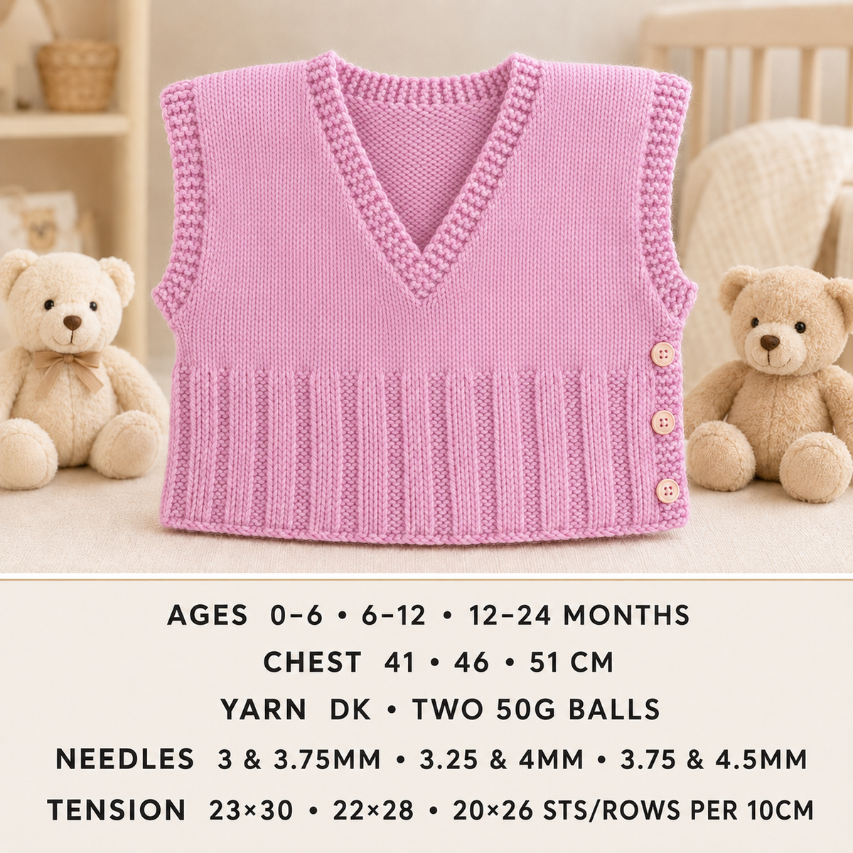 Easy Baby Cover Up Waistcoat V Neck Side Opening Tabard 0 - 24 mths ~ DK 8 Ply Knitting Pattern