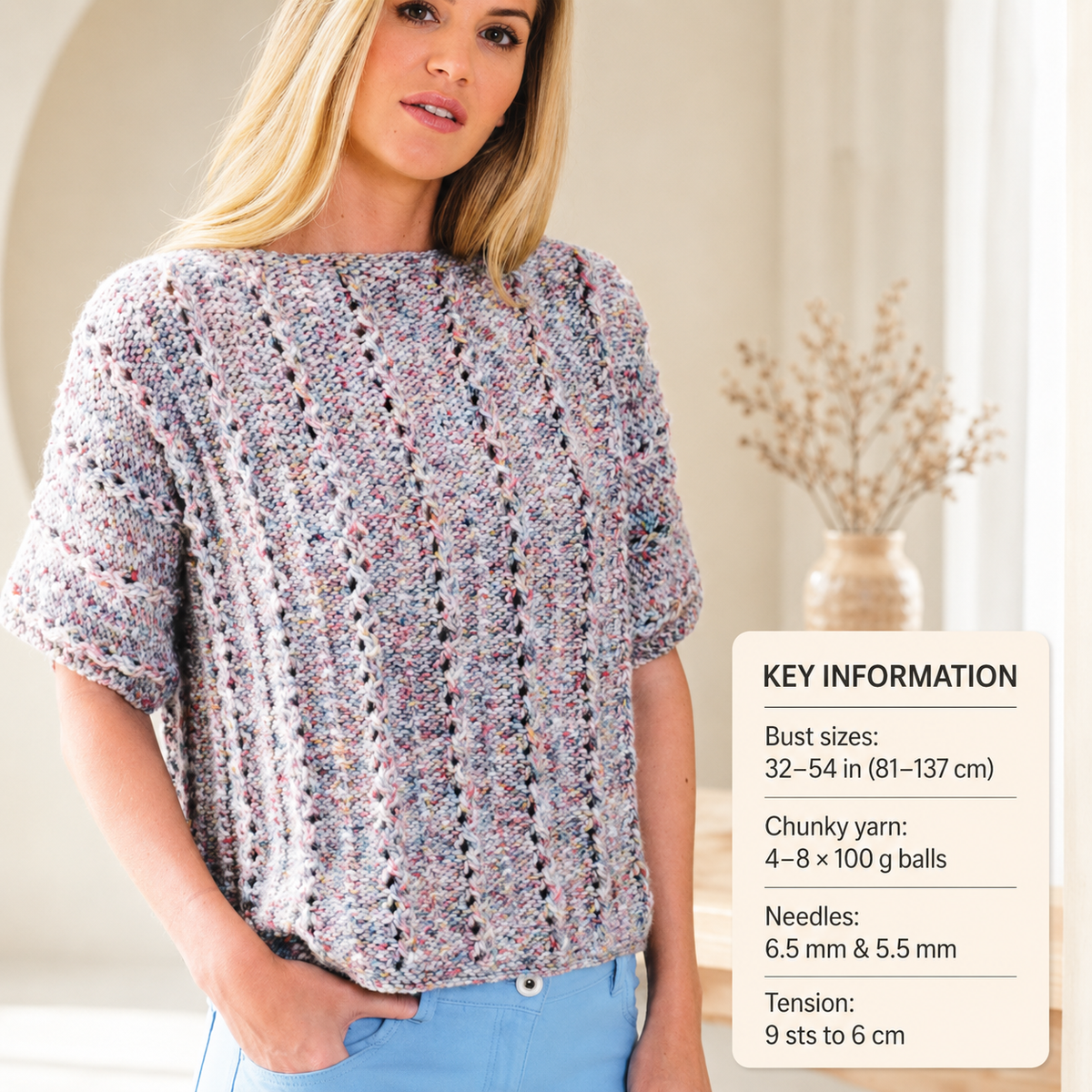 Woman's reverse stocking stitch~eyelet half sleeve Jumper Slipover ~Sweater~ 32"-54" Chunky~Bulky Wool needed -Knitting Pattern PDF Download