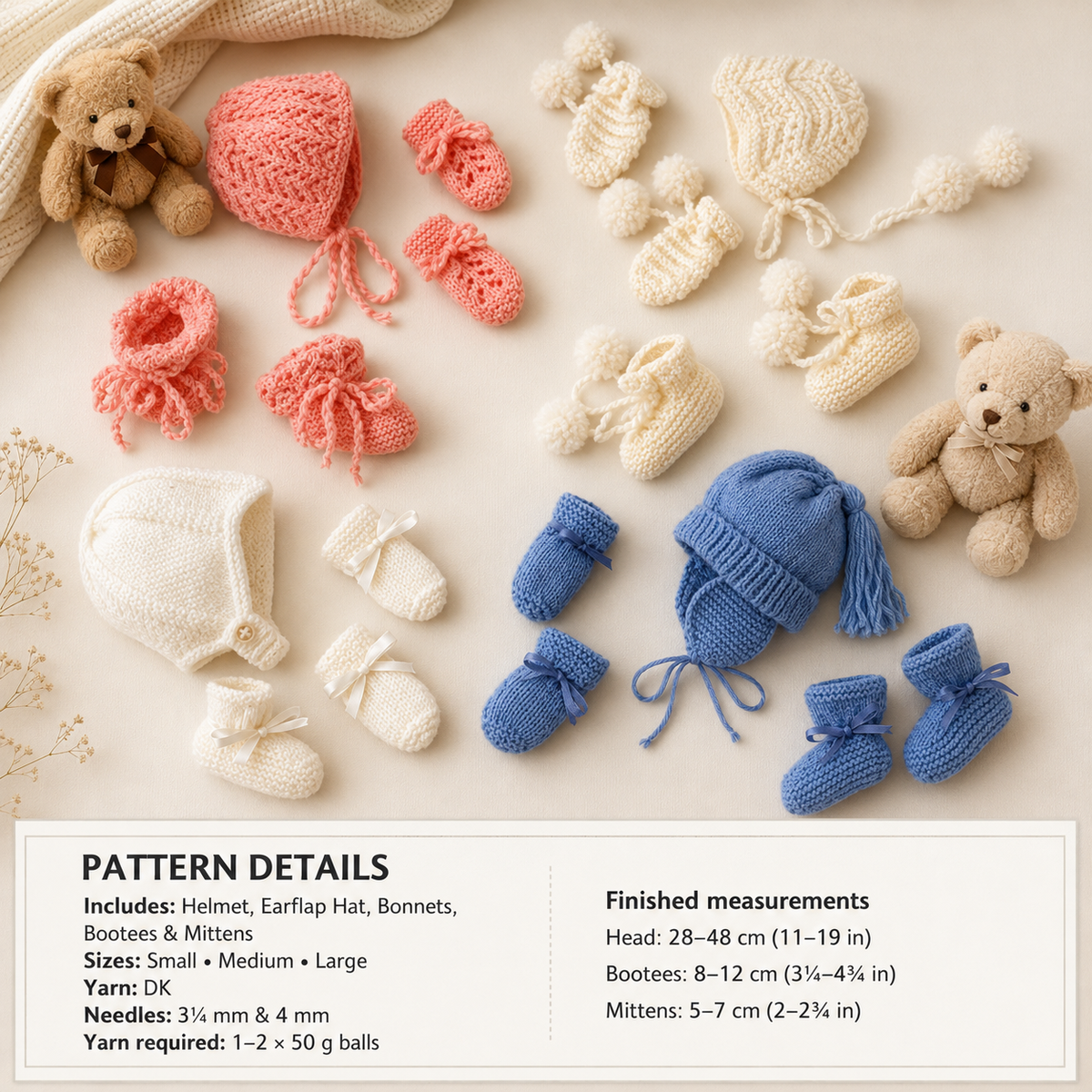 Newborn baby hats-helmet bonnet-Mitts & Bootees - Knitting Pattern Download PDF- fits Small medium large- see images for more information