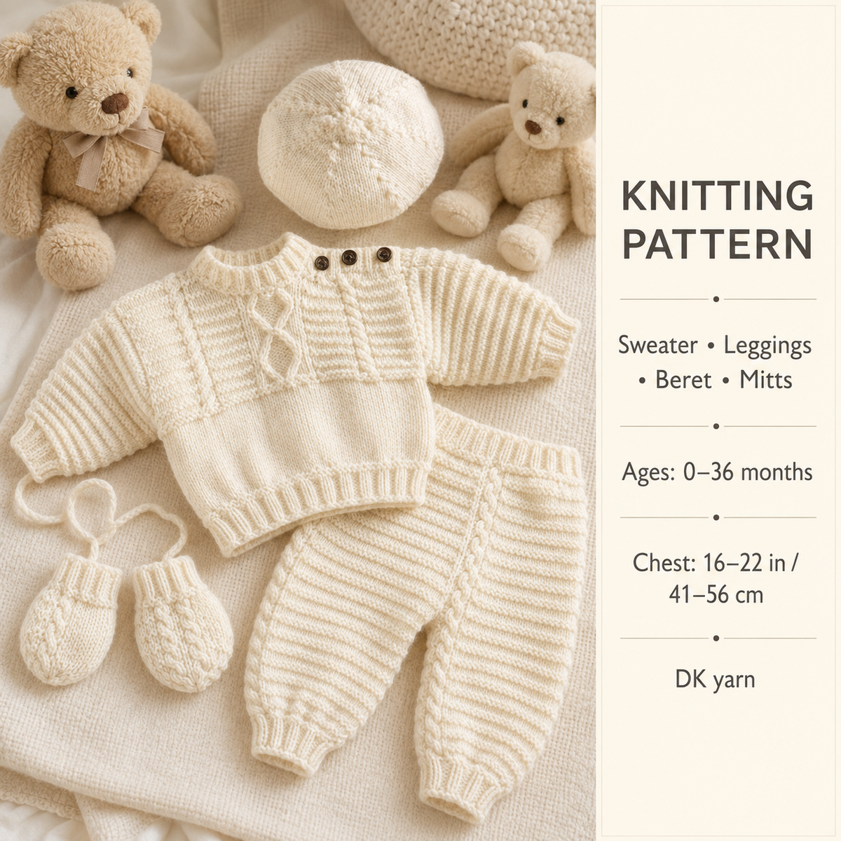 Baby Pram set winter Jumper Trousers Mitts cable garter stitch pattern DK 8Ply  0 - 36 mths