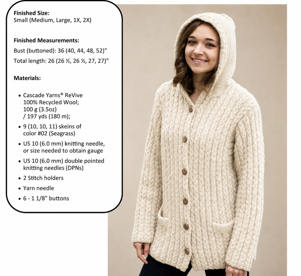 Womens Hooded Cable Rib Longline Cardigan Jacket Pockets Hood 36"- 52" Larger Sizes Aran 10 Ply Worsted