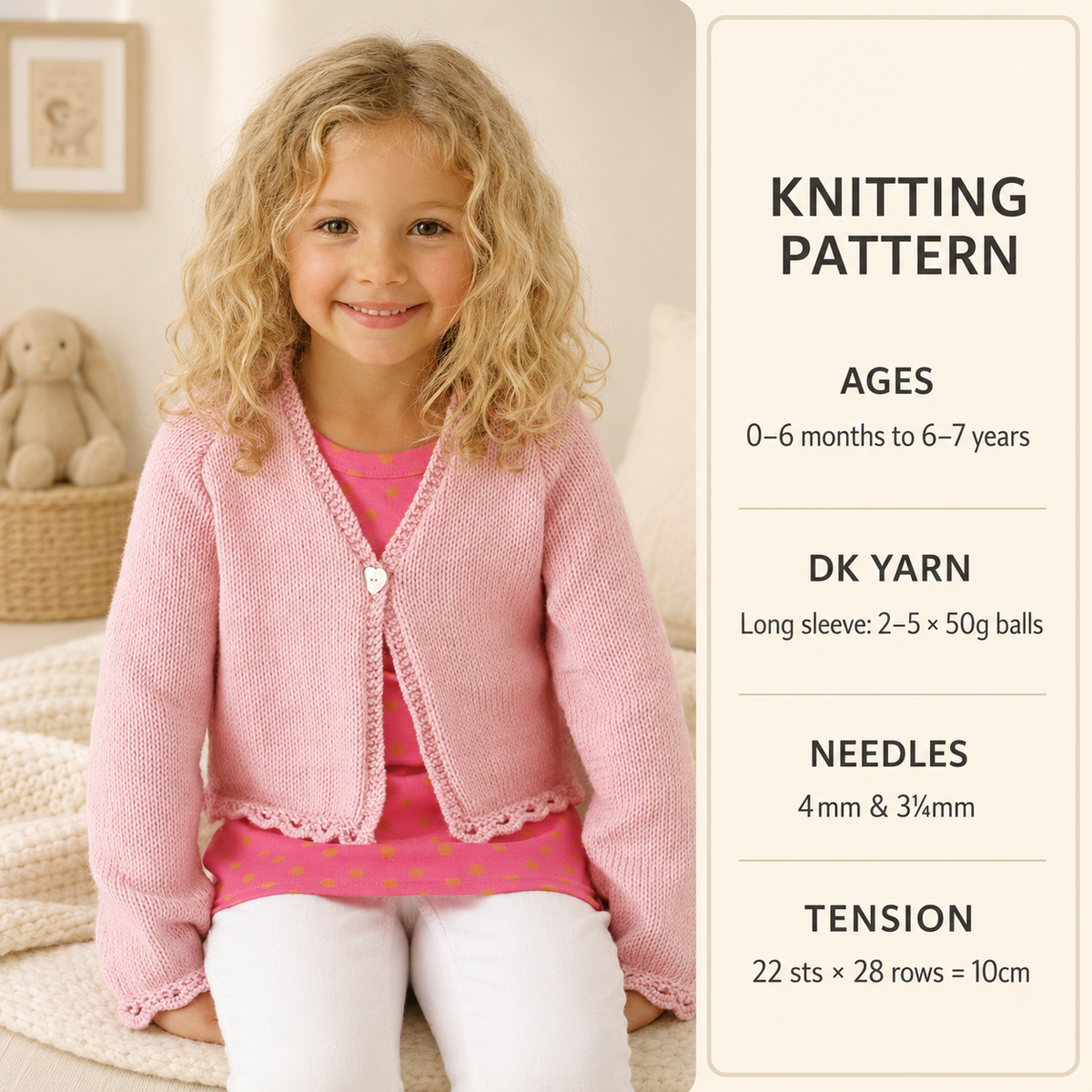 Girls Lacy Eyelet picot border Easy V Neck Raglan Cardigan Jacket 16-26" ~(0-7 yrs)  DK 8 Ply Knitting Pattern pdf Instant Download