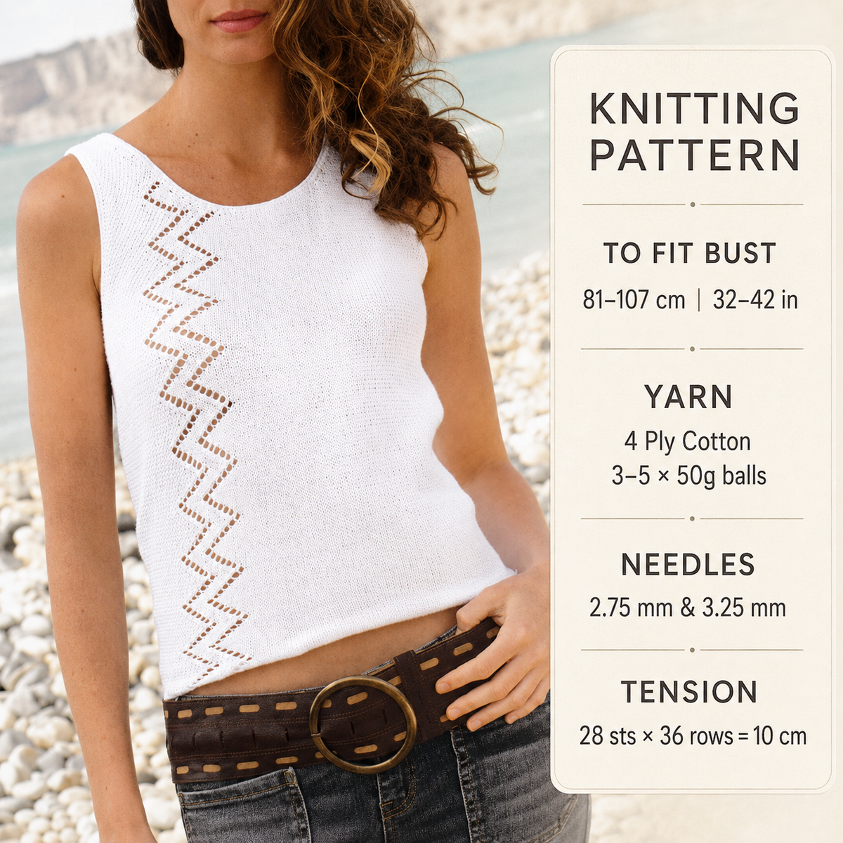 Womens zig zag Round Neck Summer sleeveless Top - Vest  32"-42" 4 Ply Cotton Yarn- Knitting Pattern PDF download