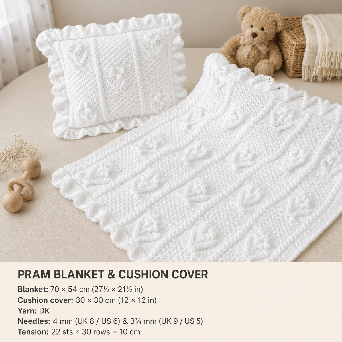 Baby Flower Pram Cover Cot/Crib Blanket & Pillow cover in DK- 8Ply -Light worsted wool   PDF Knitting Pattern Instant Download