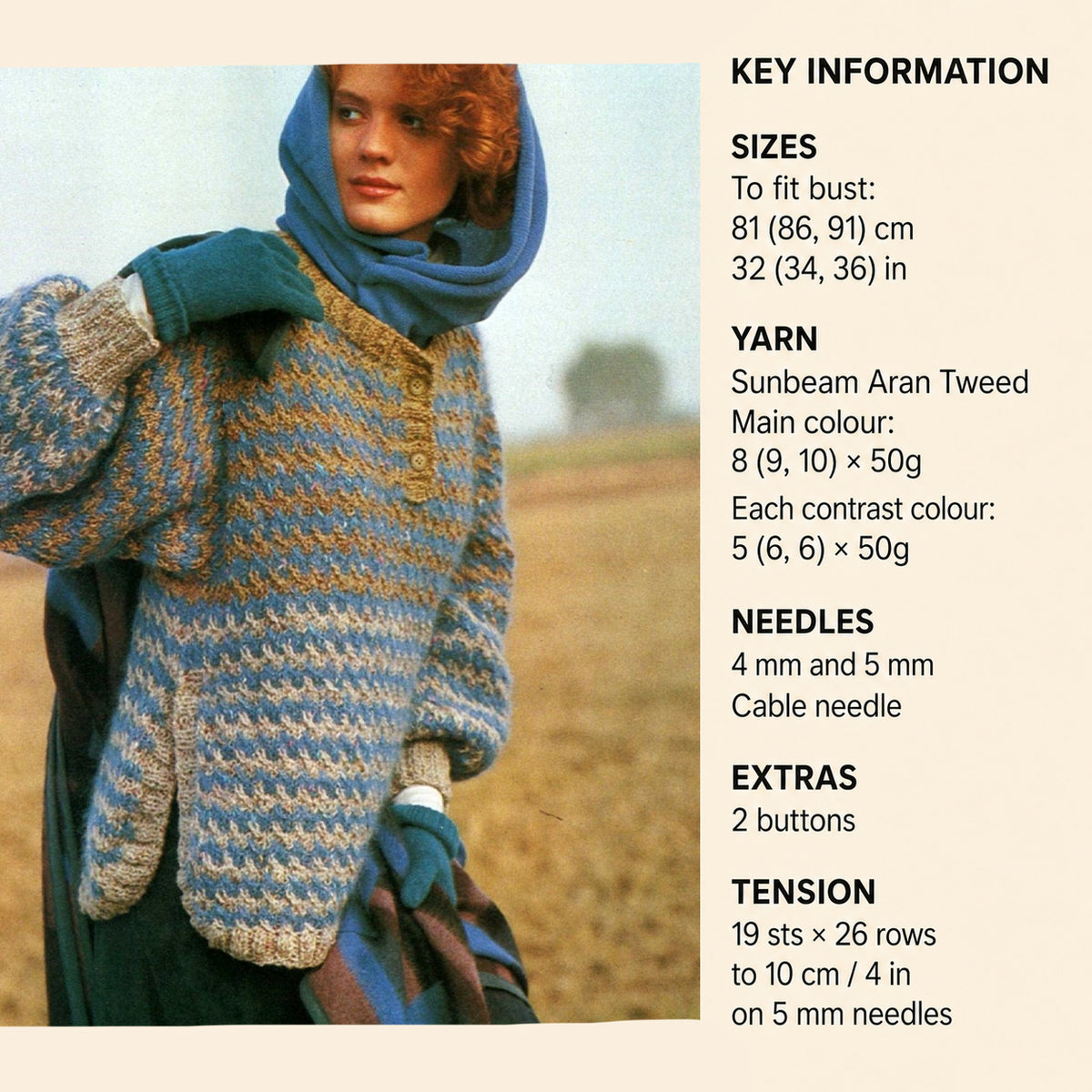 Woman's Loose Fit Tabard style sweater- split sides button front- 32"-36" Aran 10 Ply Worsted Yarn- Knitting Pattern PDF Download