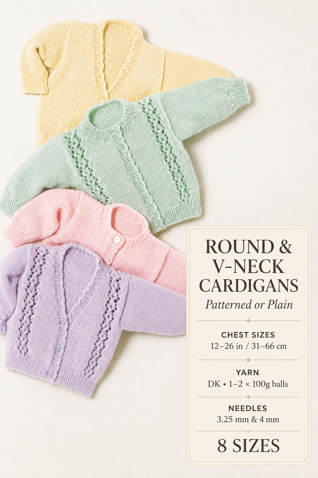Easy Baby Cardigans Round Neck- V Neck -picot edge- 4 styles  Premature 12- 26" DK 8 Ply Light Worsted Knitting Pattern pdf Digital Download
