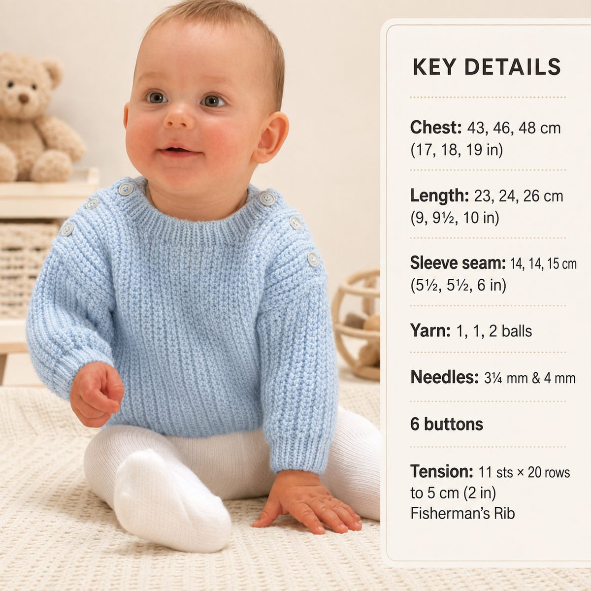 Baby Easy Fishermans Rib Round neck- button shoulder sweater- DK- 8Ply 17"-19" (6 - 18 Mths