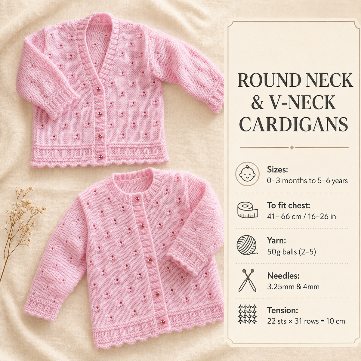 Girl's Cardigans, v neck round neck frilled hem eyelet DK 8 Ply Light Worsted wool 16" 26" chest, ( 0 - 6 yrs)