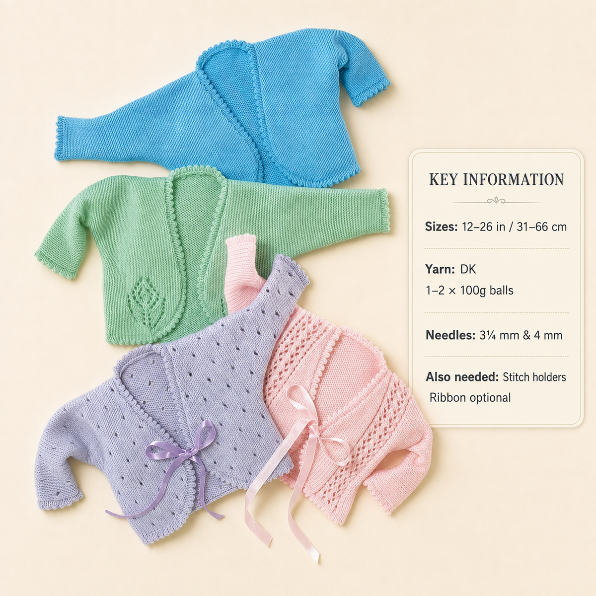 Baby  Bolero Cardigans 4 styles DK ( 8PLY ) Yarn  Premature  14" - 26 ins-  (0-5 years)