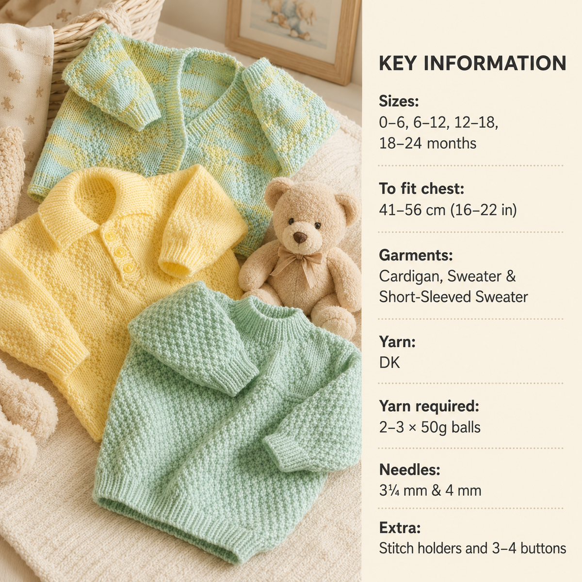 Baby Toddler Jumpers & Cardigan textured  button  front collar v neck DK 8 ply Light worsted 16" - 22" (0 - 24mth) knitting pattern download