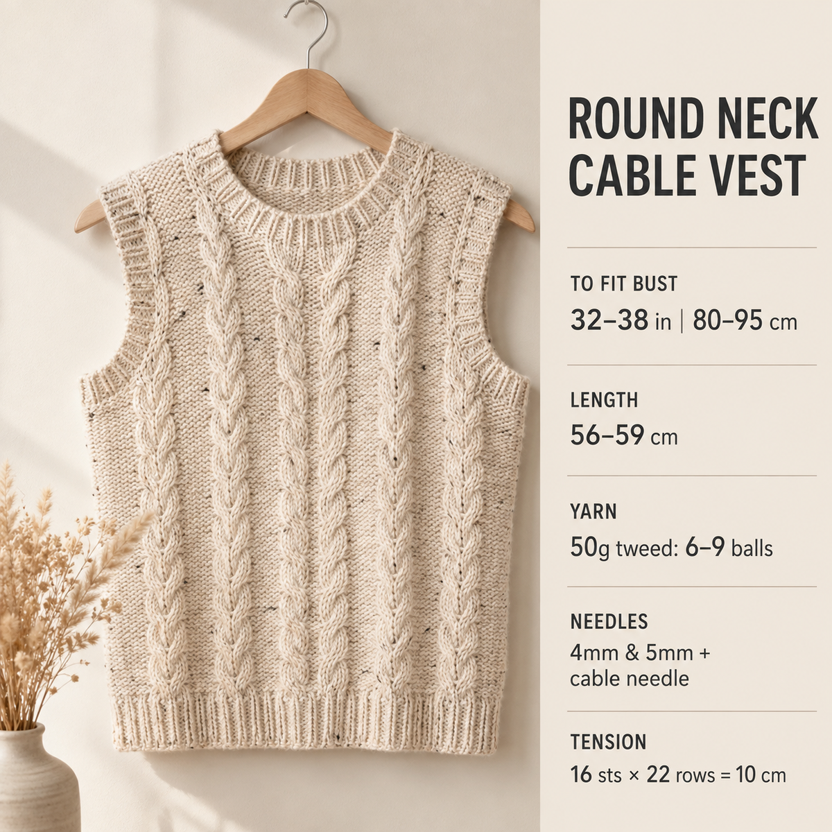 Womens Round Neck - sleeveless Sweater Top Cable design- 32"-38" Chunky-bulky- 12 ply yarn-