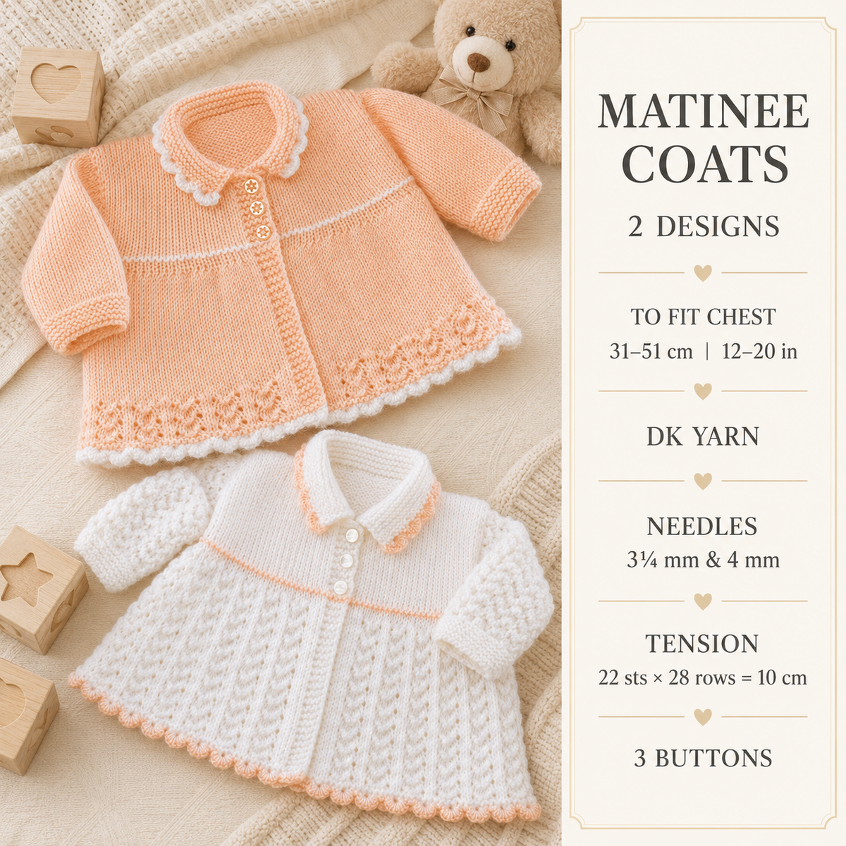 Baby Matinee Coats 12- 20''  Premature - 1 year Preemie Jacket Cardigan Knitting Pattern  in DK 8 PLY wool  Download PDF