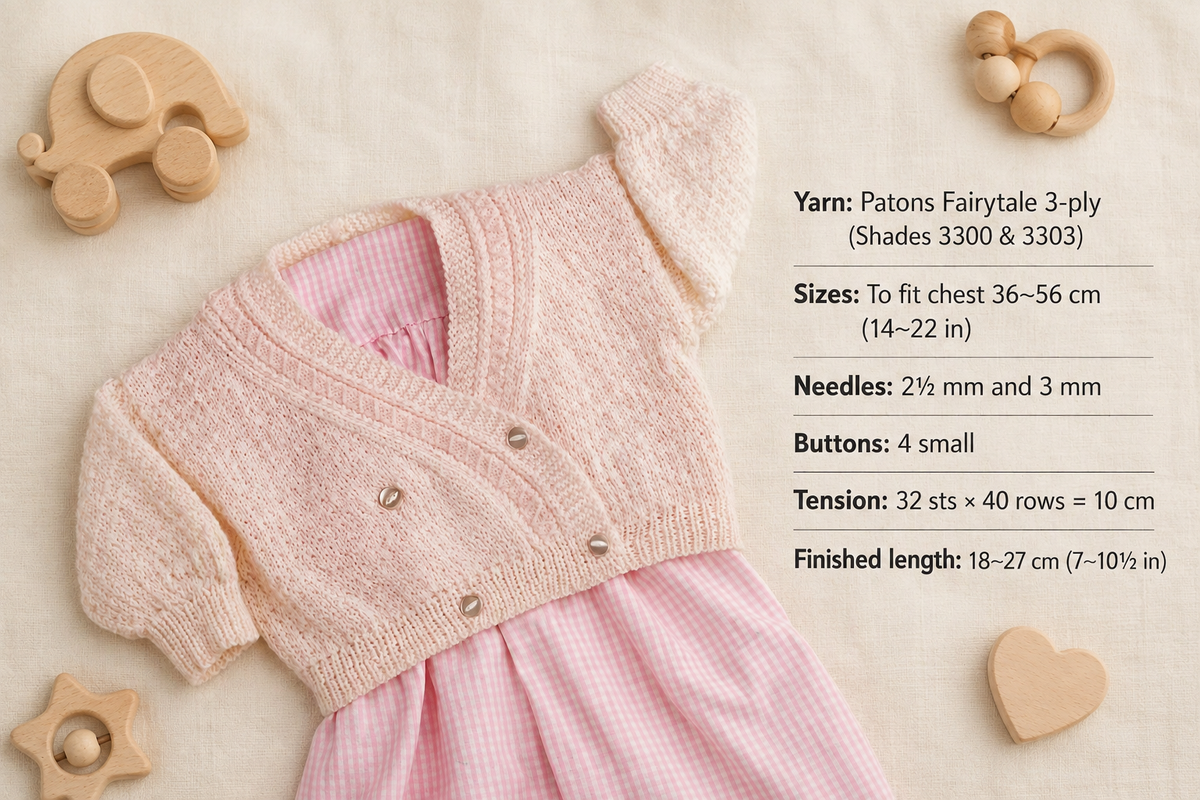 Cross Over Baby Cardigan- to knit in 3 ply- 4 button fastening - fits small baby chest 14-22" download PDF- Knitting pattern