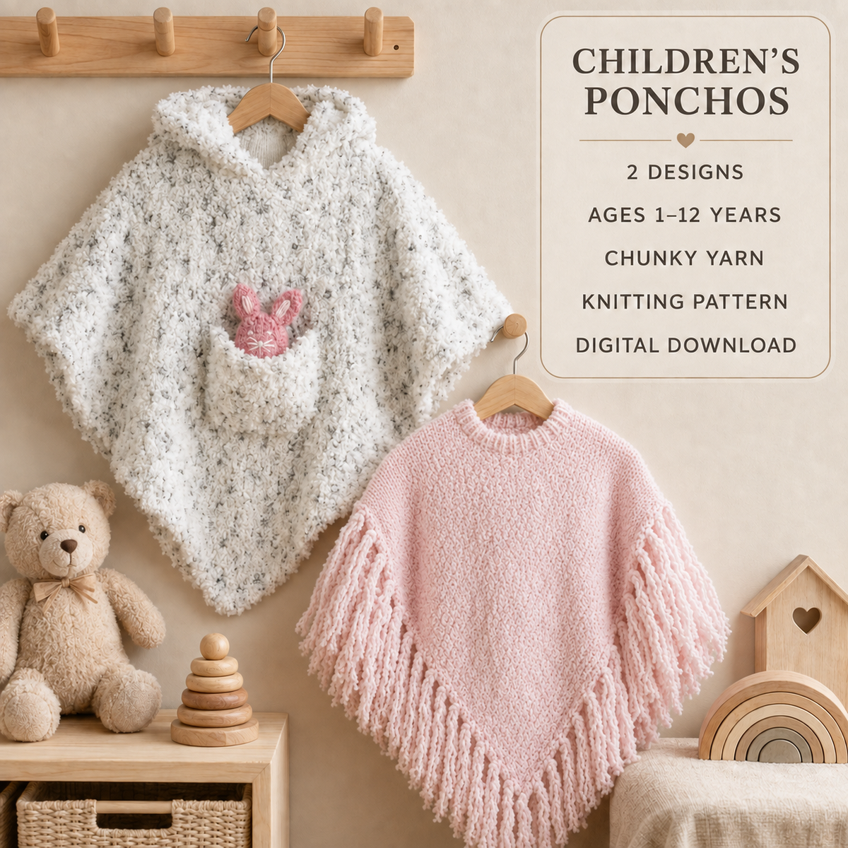 Girl's Easy Hooded or Fringed Poncho- pockets. Knitted in Chunky- Bulky/12ply wool-  1-12 Years.