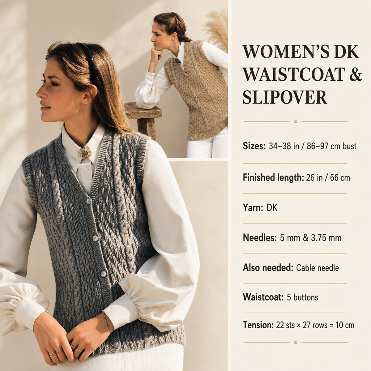 Cable Textured Slipover Top & Waistcoat Vest V Neck Womens 34" - 38" ~ DK 8 Ply Light Worsted Knitting Pattern PDF Instant download