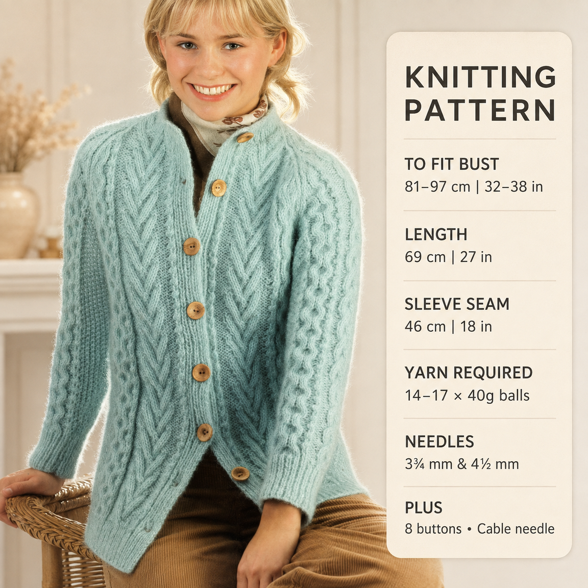 Womens Long Aran Raglan  cardigan- Jacket  32"-38" Aran 10 Ply Worsted Wool Knitting Pattern PDF download