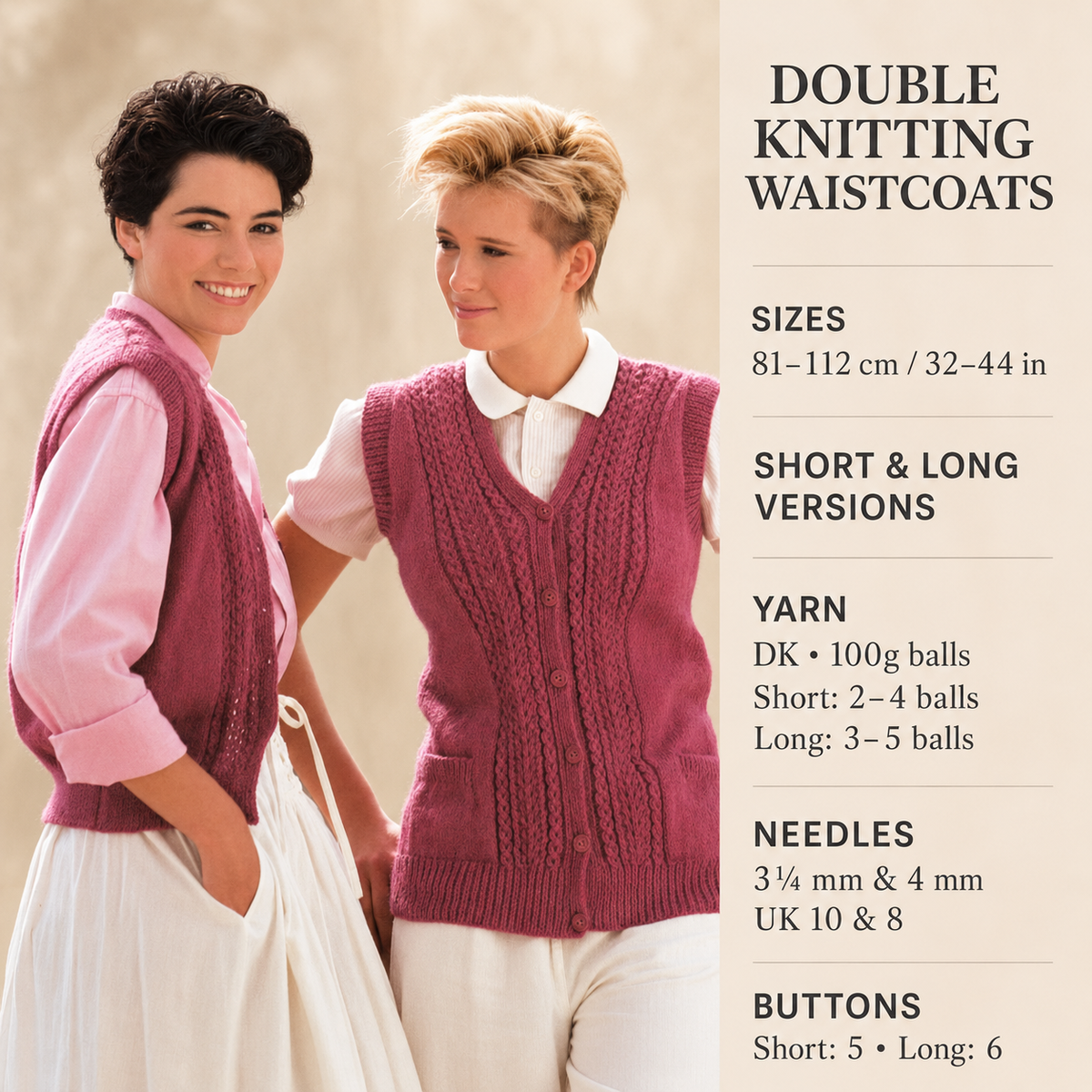 Womans Cable V Neck Waistcoat - Pockets Fit 32-42" chest-  Download PDF- DK 8 Ply