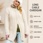 Woman's Long Line Cable Jacket- Long Cardigan- Chunky-12 Ply Bulky Cardigan ~ Quick Knit- fits 32 - 42"