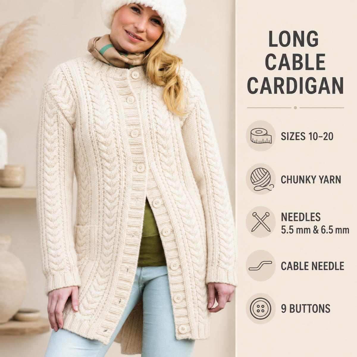 Woman's Long Line Cable Jacket- Long Cardigan- Chunky-12 Ply Bulky Cardigan ~ Quick Knit- fits 32 - 42"