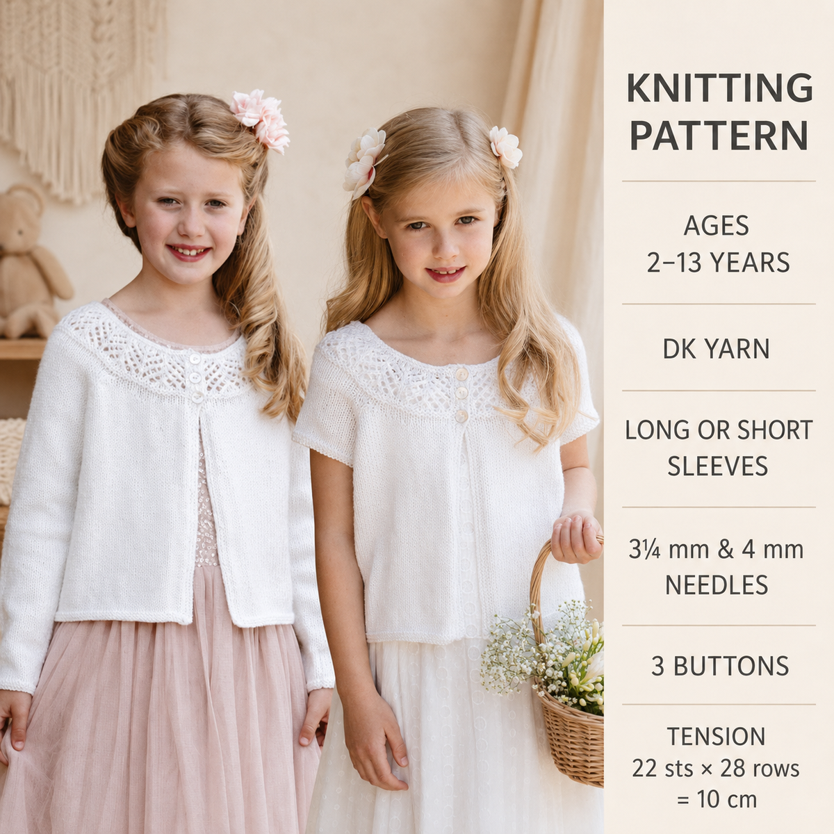 Girl's Long & Short sleeved Lace Yoked Cardigan DK- 8ply Light worsted wool- 22" - 32" (2 -13y)