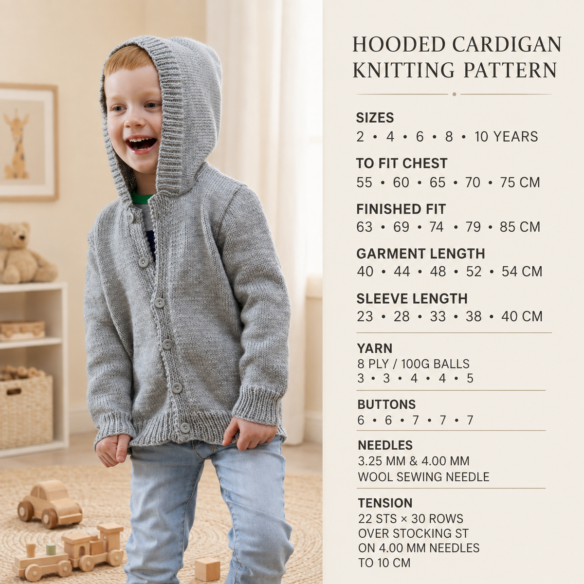 Easy Hooded Jacket PDF Knitting Pattern- Easy Knit DK 8 ply   Fits 55-75 cm or 2-10 yrs