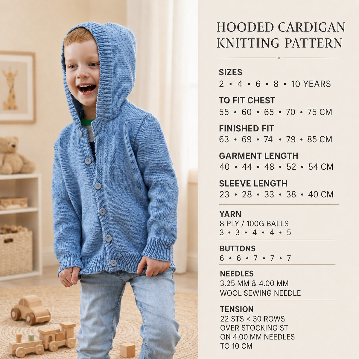 Easy Hooded Jacket PDF Knitting Pattern- Easy Knit DK 8 ply   Fits 55-75 cm or 2-10 yrs
