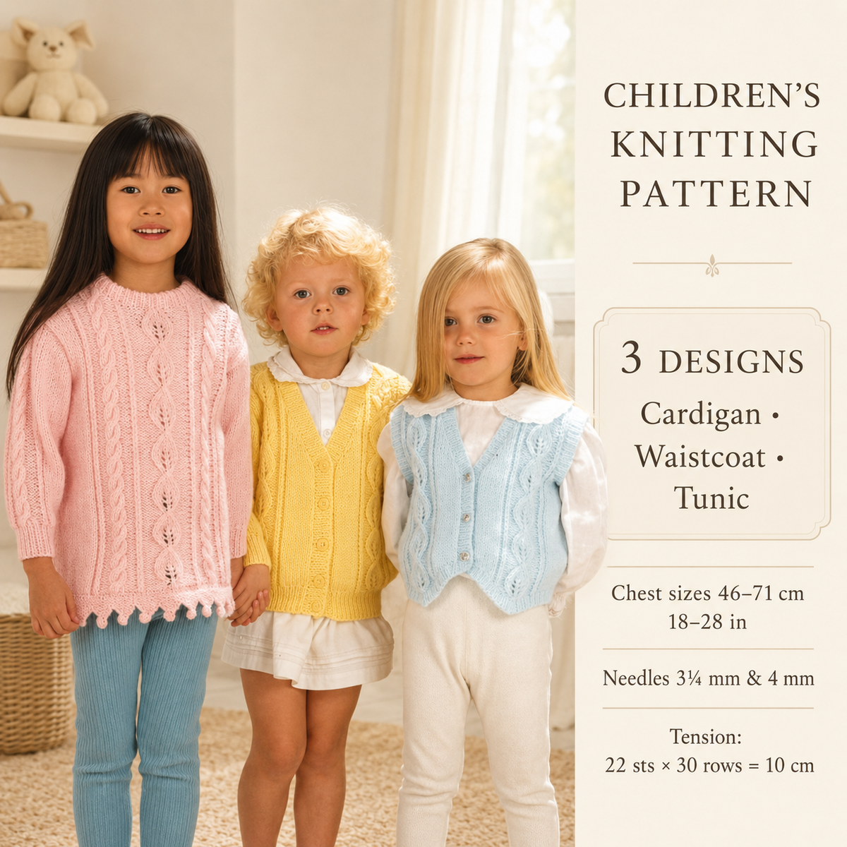 Girls Cable  Cardigan- Waistcoat  & Tunic sweater 18-28" DK / Light worsted /8ply pdf Instant Download knitting pattern PDF