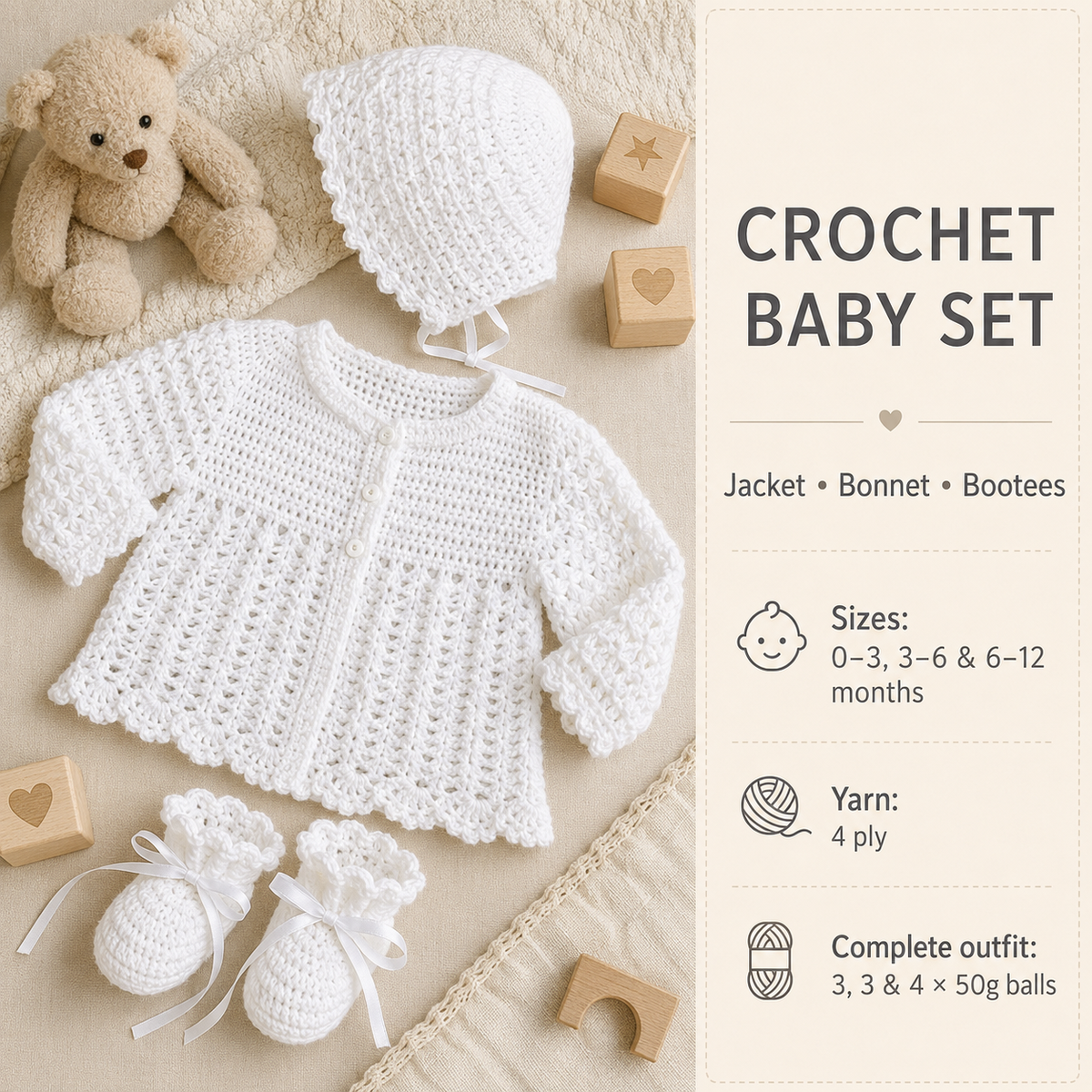 Girl's Baby Toddler Lacy Crochet Long Sleeved Cardigan Jacket Hat Bootees 16- 20" 4Ply Fingering