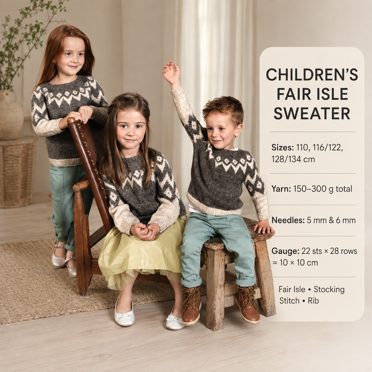 Children's  Fair Isle Sweater  Nordic Scandinavian Knitting Pattern Aran 10 ply Worsted yarn Chest 110cm -134 cm- See images