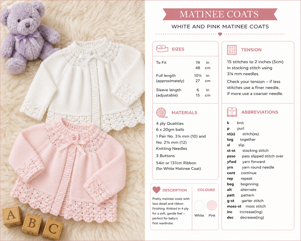 Vintage Baby Knitted Matinee Jacket Pattern - 4 Ply Yoked Style (PDF Pattern) 3-6 months