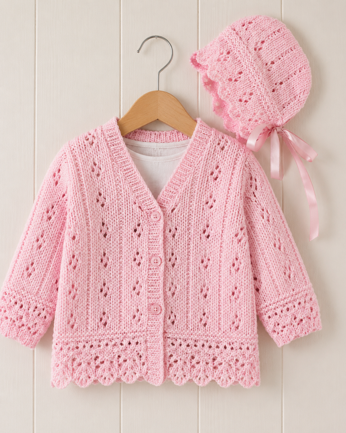 Baby Girls Lacy Cardigan and Bonnet Knitting Pattern (Newborn-6 yrs) – DK 8ply PDF