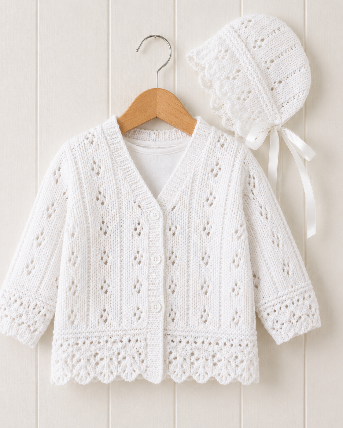 Baby Girls Lacy Cardigan and Bonnet Knitting Pattern (Newborn-6 yrs) – DK 8ply PDF
