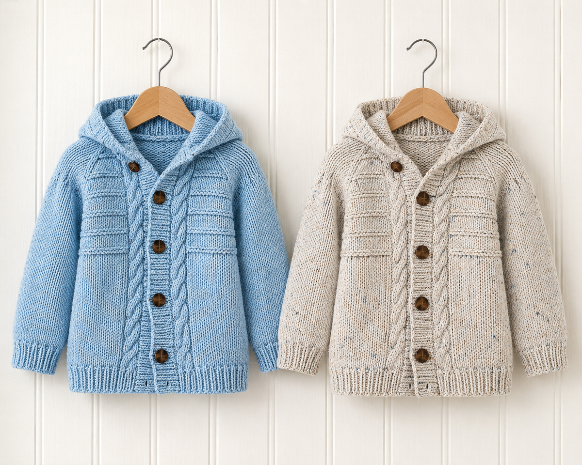 Boys  Hooded Cable jacket & Cardigan with collar  pattern- 18 - 28" ( 16 mths  9yrs) Aran 10ply Worsted wool- Knitting pattern Download