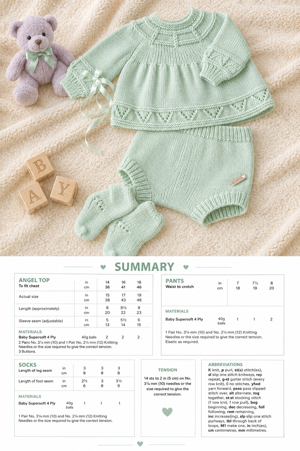 Baby Angel Top Pants & Socks Knitting Pattern 4 Ply 14–18in Chest PDF